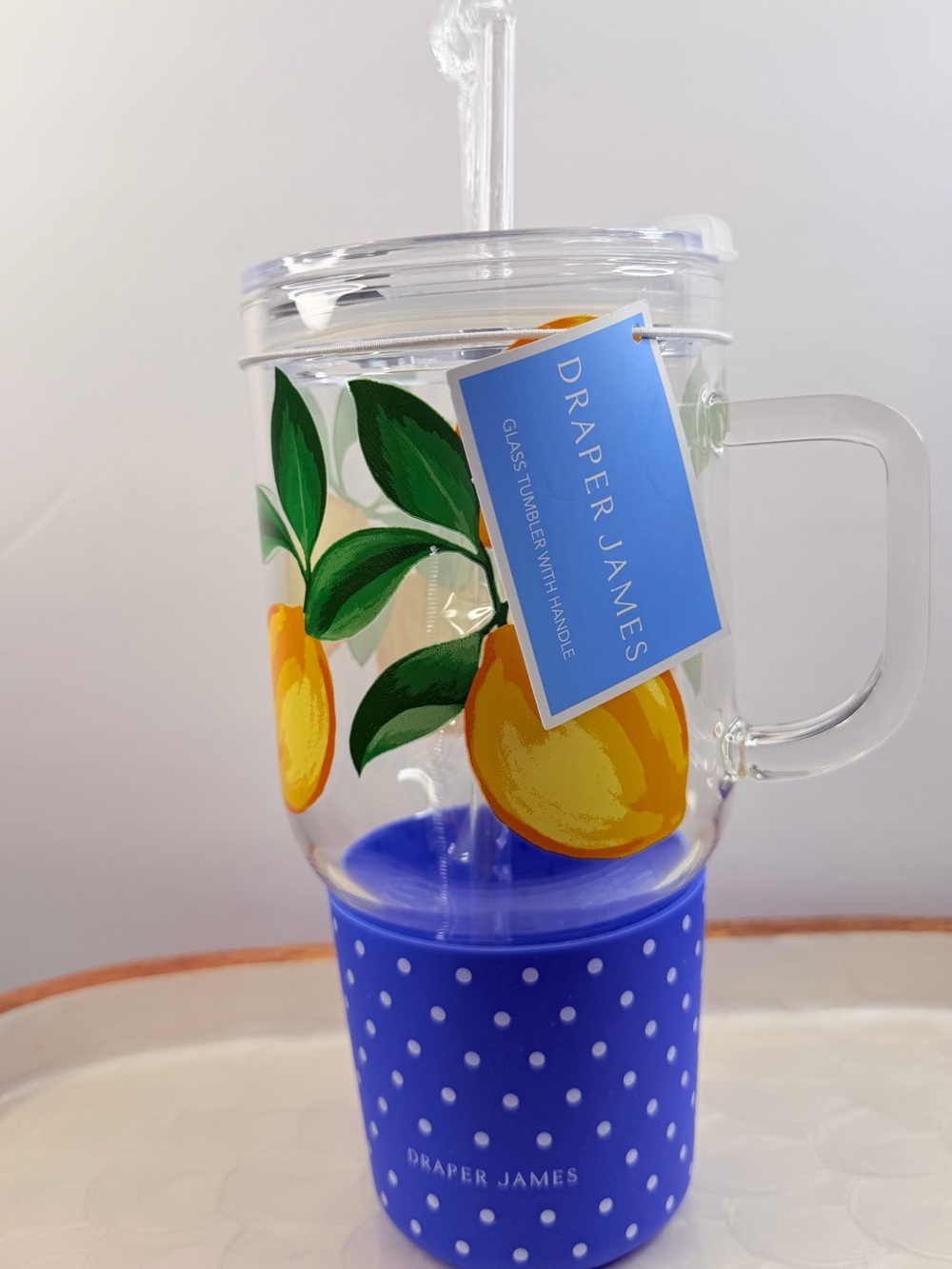 Draper James Glass Tumbler Straw For Hot & Cold Yellow Lemon Blue Polka Dot 39oz